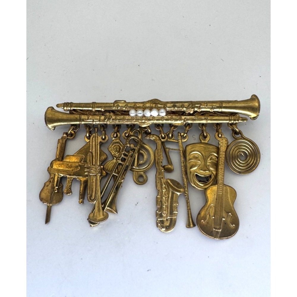 Vintage Musical Charms Brooch Theater Comedy Mask Gold Tone Flute Clarinet Sax
